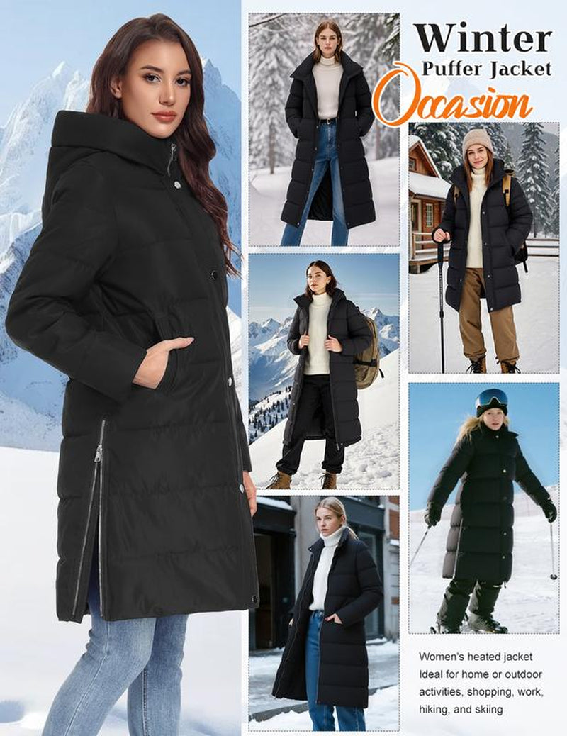 HEEKPEK Women’S Heated Long down Jacket with Hood, 8 Heating Zones Water-Repellent Winter Inter Heated Outerwear Coat Coat for Women