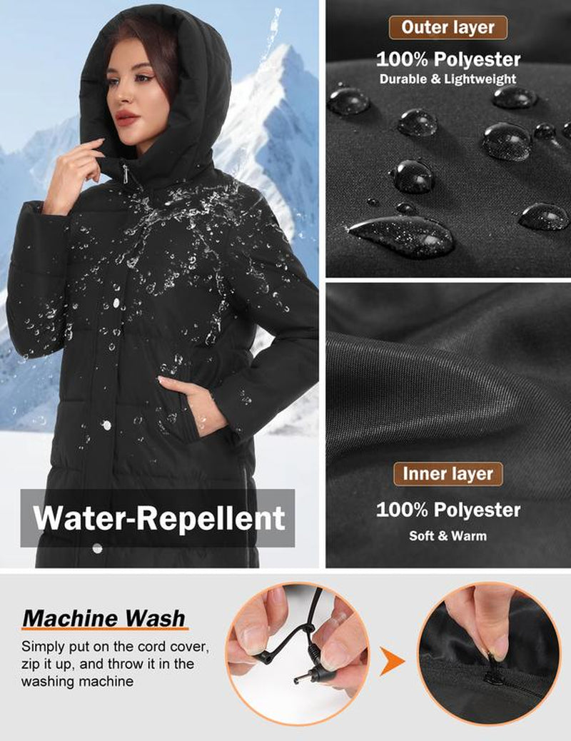HEEKPEK Women’S Heated Long down Jacket with Hood, 8 Heating Zones Water-Repellent Winter Inter Heated Outerwear Coat Coat for Women
