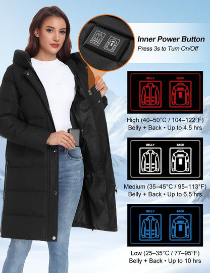 HEEKPEK Women’S Heated Long down Jacket with Hood, 8 Heating Zones Water-Repellent Winter Inter Heated Outerwear Coat Coat for Women