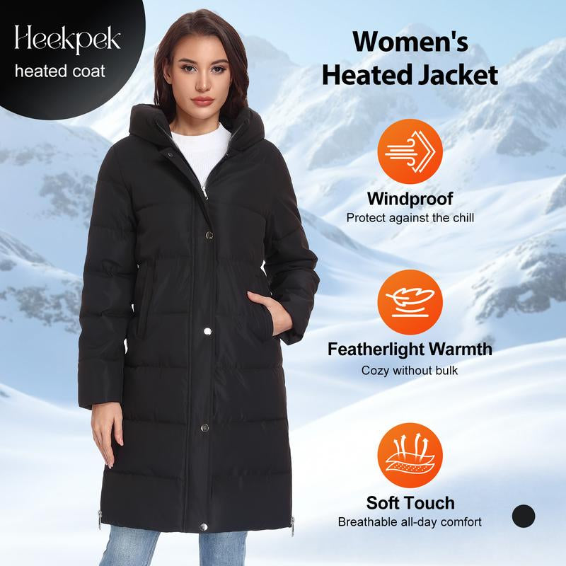 HEEKPEK Women’S Heated Long down Jacket with Hood, 8 Heating Zones Water-Repellent Winter Inter Heated Outerwear Coat Coat for Women